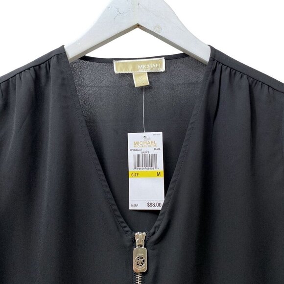 MICHAEL Michael Kors Womens Top Medium Black Blouse Logo Zip 3/4 Sleeve NWT - Picture 4 of 11